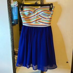 B. Darlin blue/stripped strapless dress